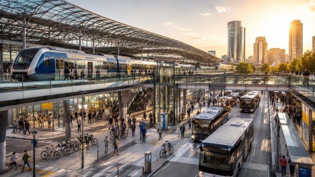 Pôle d'échanges multimodal avec bus, métro et vélos