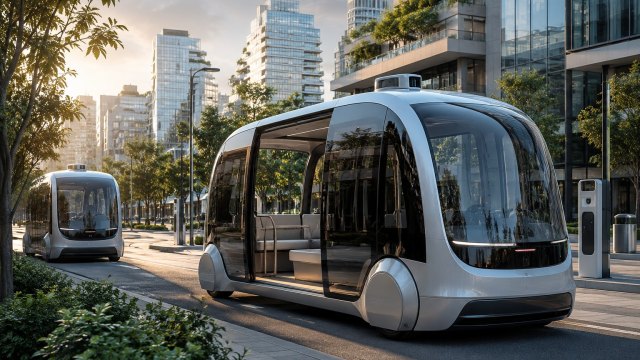 Navette autonome circulant dans un quartier urbain